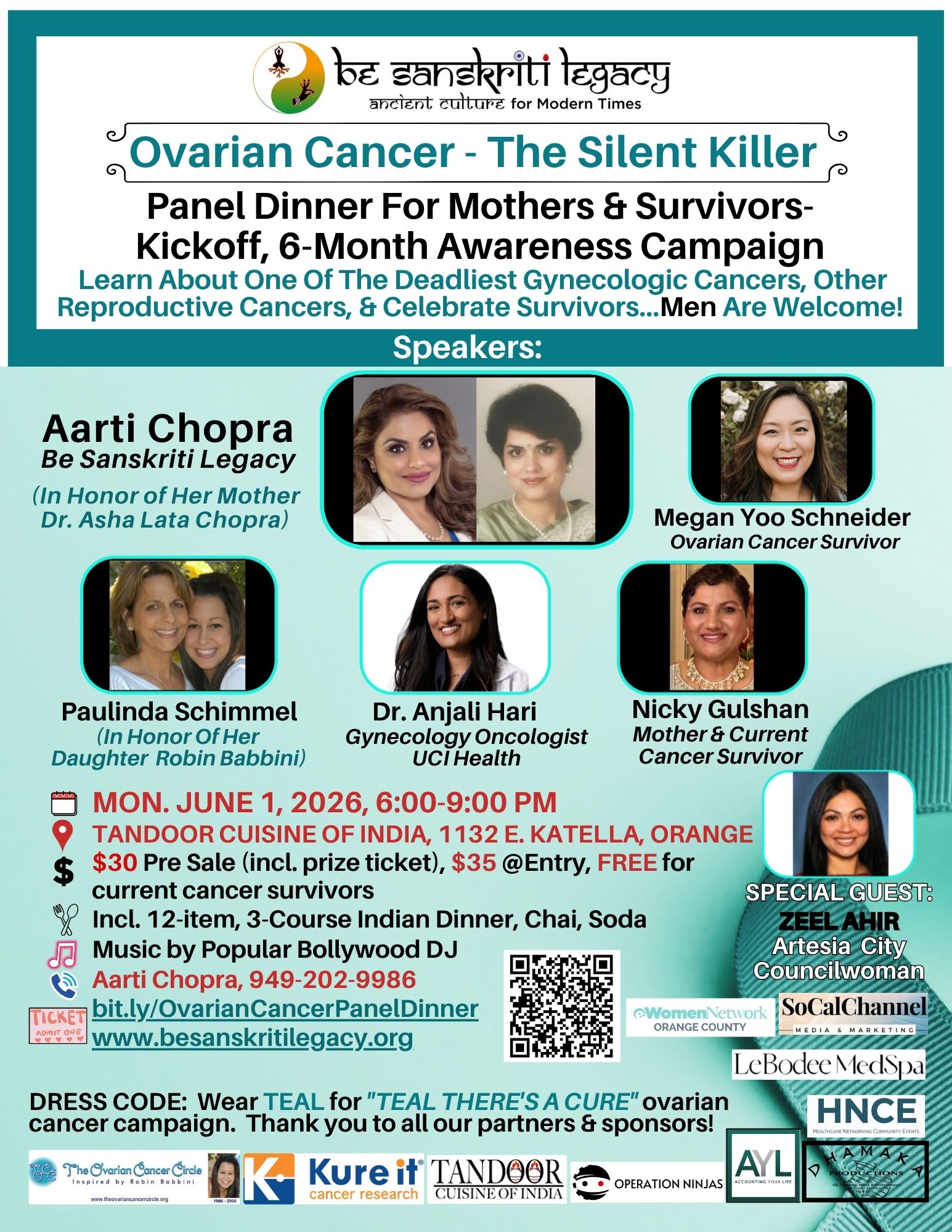 Ovarian Cancer: The Silent Killer, Panel Dinner for Mothers and Survivors, Monday, June 1 2026, Tandoor Cuisine of India Orange CA